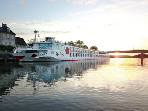 River cruise ship A-ROSA VIVA on the shore at sunset with a bridge in the background.