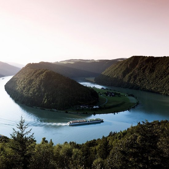 A river cruise ship from the A-ROSA fleet on the Danube along the Schlögener Schlinge. Panoramic view with a look at the adjacent hilly landscape at sunrise.